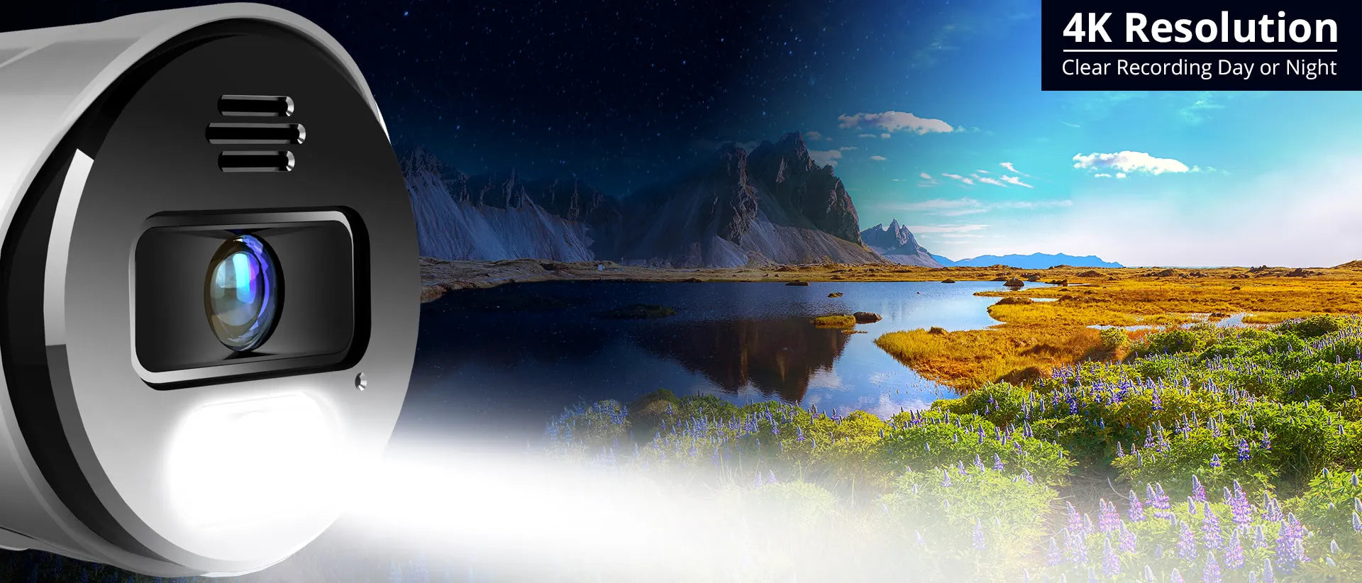 Camera showing 4K resolution of lake and mountain scape 