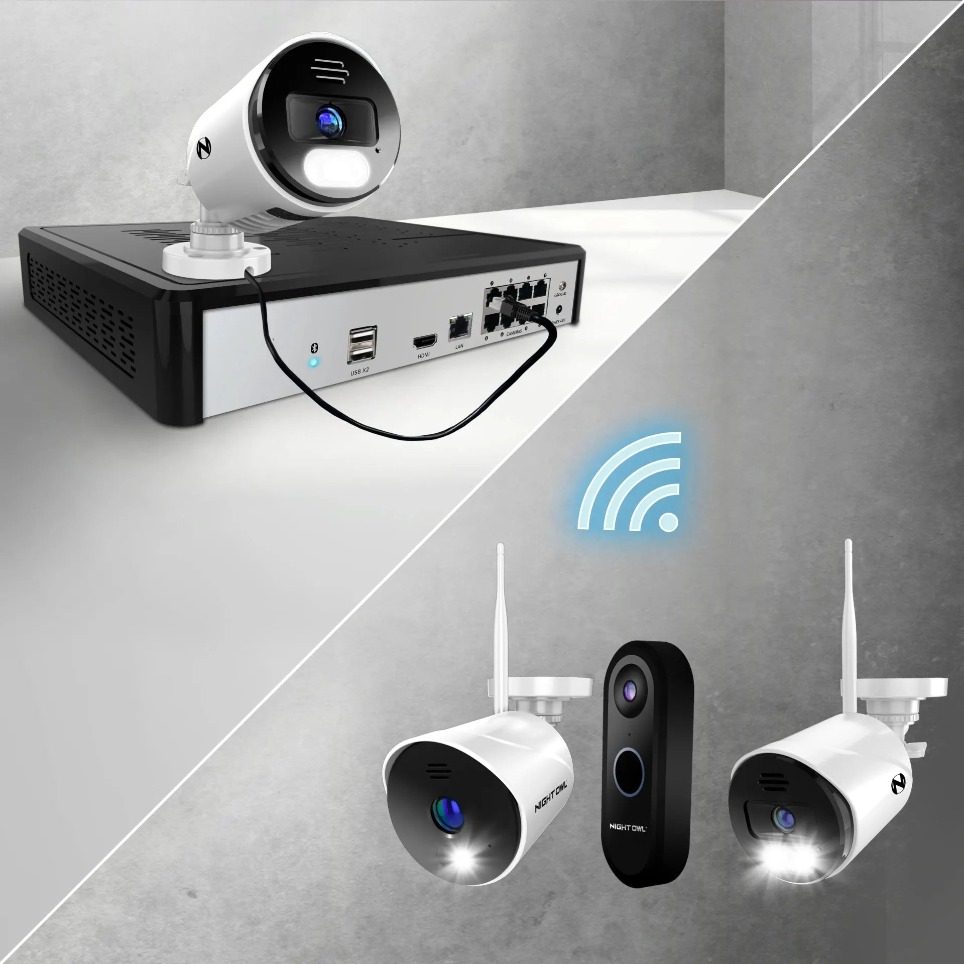 split screen showing wi-fi security devices sending signal to main system