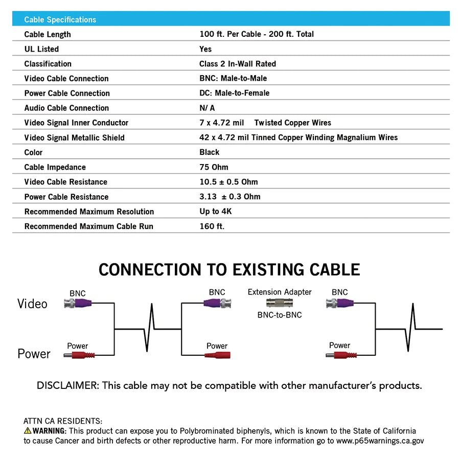 100 ft In-Wall Rated BNC Video-Power Extension Cable with Extension Adapter