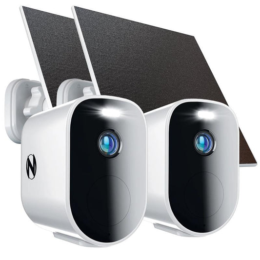 Wire Free (Battery) 2K Spotlight Mountable Cameras with 2-Way Audio, Alerts, and Siren + USB-C Solar Panel Chargers (2 pk)