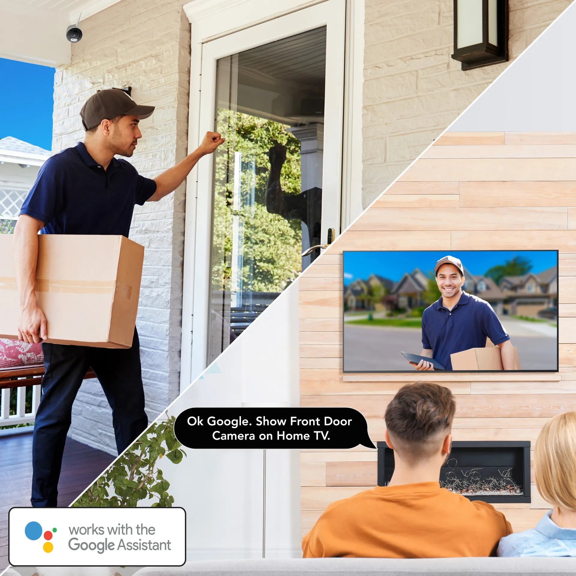 split screen showing how night owl products work with google assistant