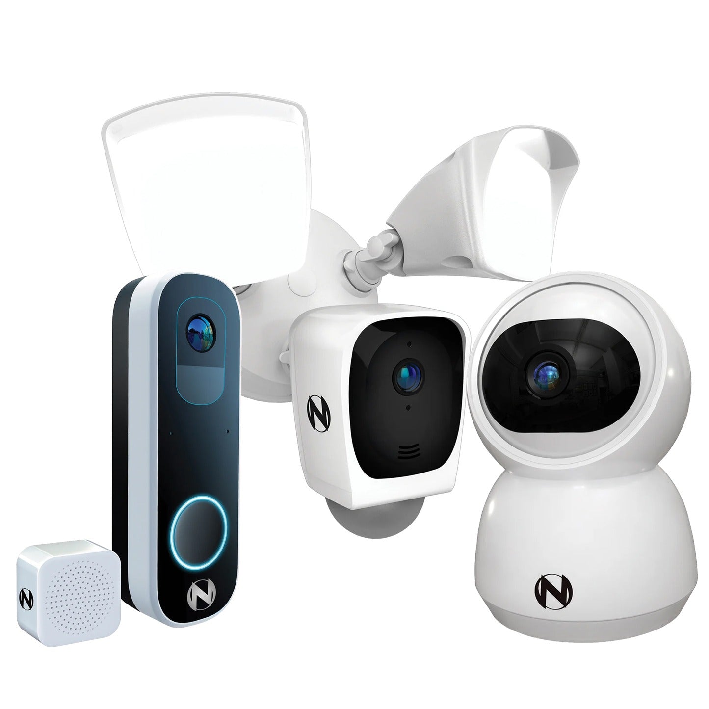 Video Security Starter Bundle w 2 Way Audio - Doorbell, Floodlight, and Indoor PT Cam w 64gb Memory x3