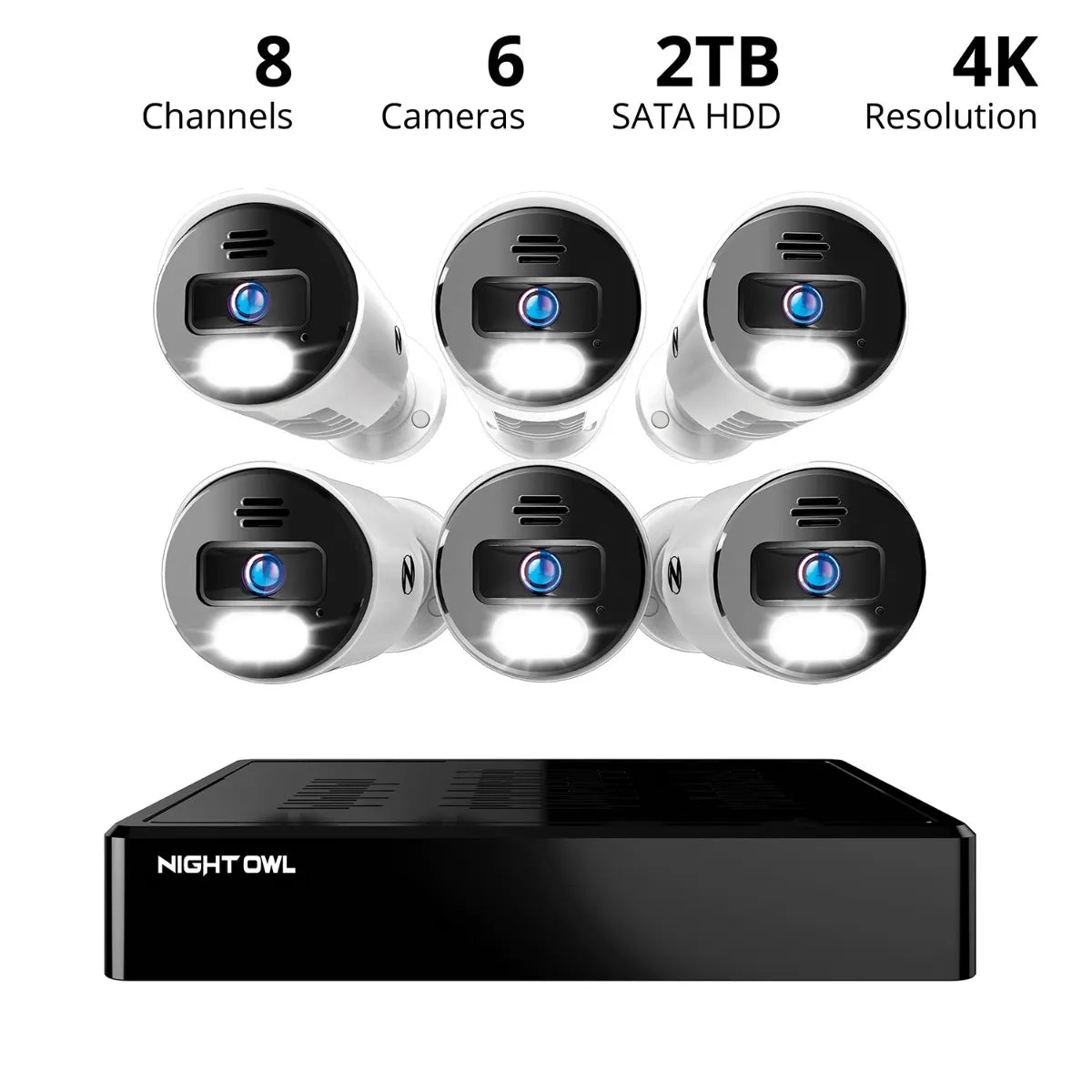 8 Channel 4K Bluetooth NVR with 2TB Hard Drive and 6 Wired IP 4K Spotlight Cameras with 2-Way Audio and Audio Alerts and Sirens