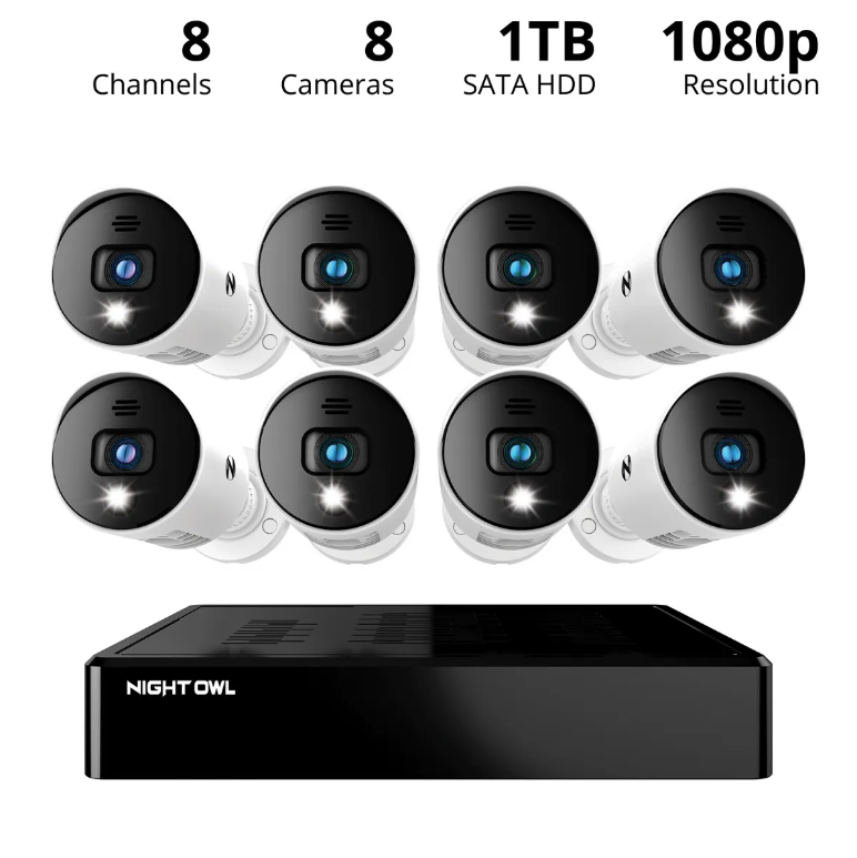 8 Channel 1080p Bluetooth DVR with 1TB Hard Drive and 8 Wired 1080p Spotlight Cameras with Audio Alerts and Sirens
