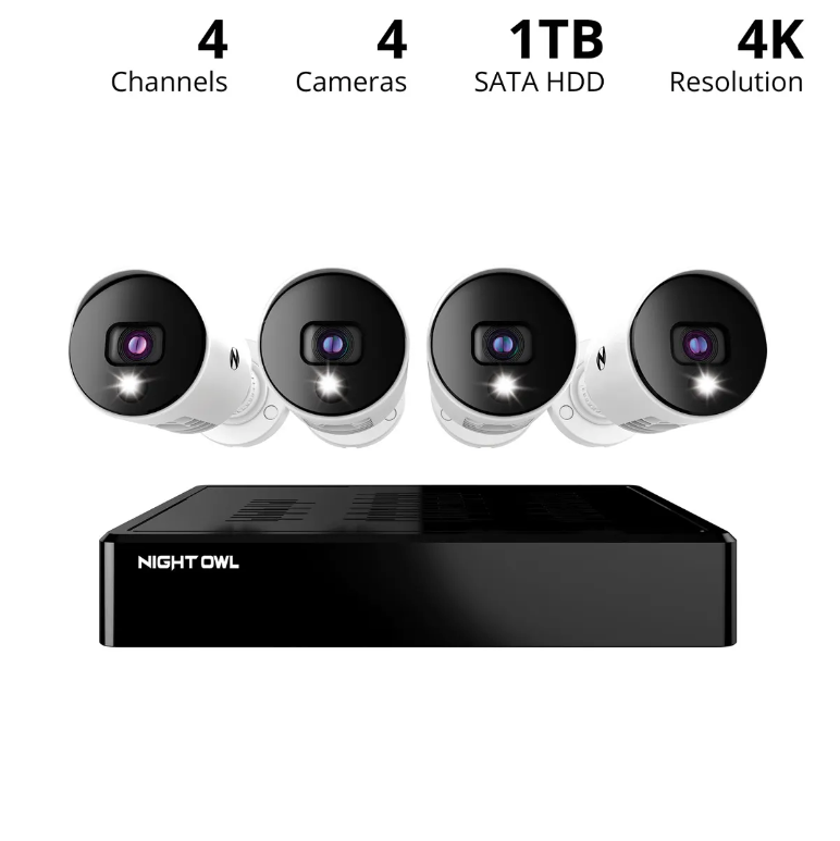 Refurbished 4 Channel 4K Bluetooth DVR with 1TB Hard Drive and 4 Wired 4K Spotlight Cameras