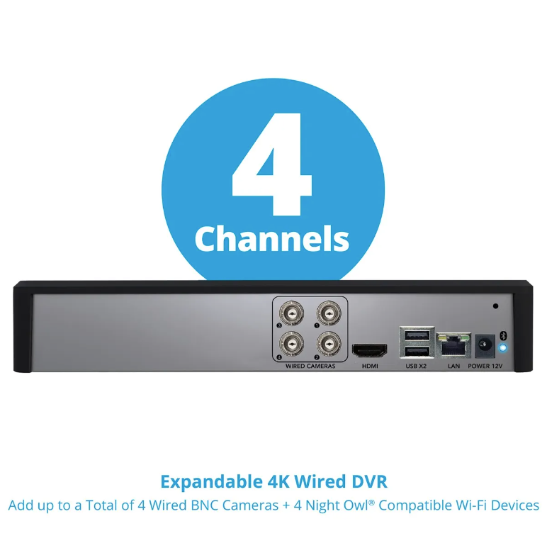 Refurbished 4 Channel 4K Bluetooth DVR with 1TB Hard Drive and 4 Wired 4K Spotlight Cameras