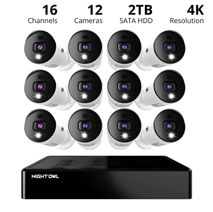 16 Channel 4K Bluetooth DVR with 2TB Hard Drive and 12 Wired 4K Spotlight Cameras with Audio Alerts and Sirens