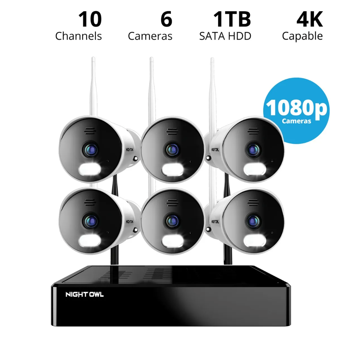10 Channel 4K Bluetooth Wi-Fi NVR with 1TB Hard Drive and 6 Wi-Fi IP 1080p Spotlight Cameras with 2-Way Audio and Audio Alerts and Sirens