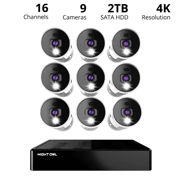 16 Channel 4K Bluetooth DVR with 2TB Hard Drive and 9 Wired 4K Spotlight Cameras with Audio Alerts and Sirens