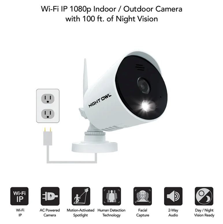 Wi-Fi IP Plug In 1080p Spotlight Camera with 2-Way Audio and Audio Alerts and Siren - White