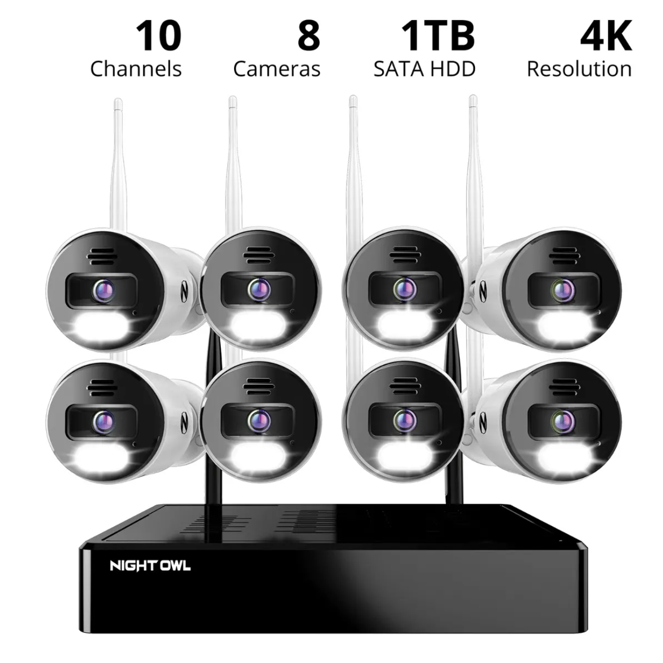 10 Channel 4K Bluetooth Wi-Fi NVR with 1TB Hard Drive and 8 Wi-Fi IP 4K Spotlight Cameras with 2-Way Audio and Audio Alerts and Sirens