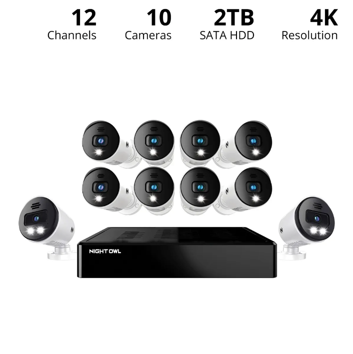 12 Channel 4K Bluetooth DVR with 2TB Hard Drive and 8 Wired BNC and 2 Wired IP 4K Spotlight Cameras with Audio Alerts and Sirens
