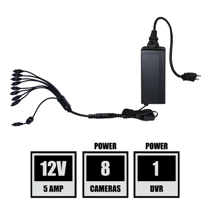 12V-5A DVR-Camera Power Adapter with 9-Way Power Splitter - Powers up to 8 Cameras and Recorder