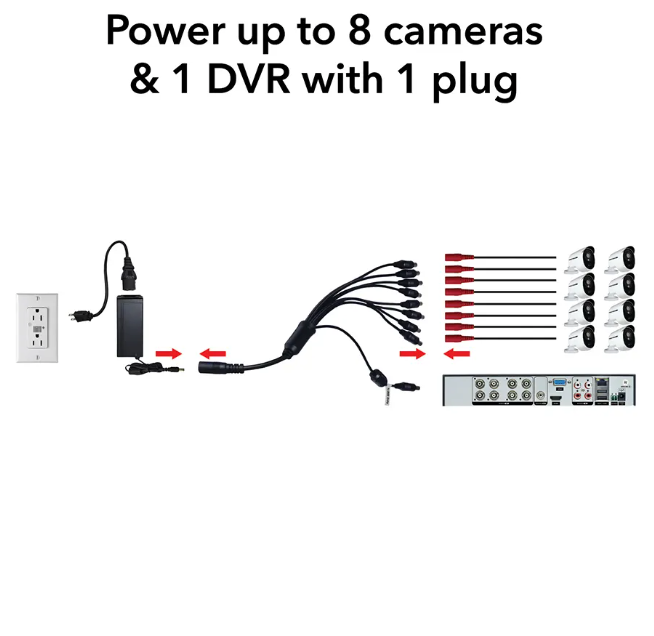 12V-5A DVR-Camera Power Adapter with 9-Way Power Splitter - Powers up to 8 Cameras and Recorder