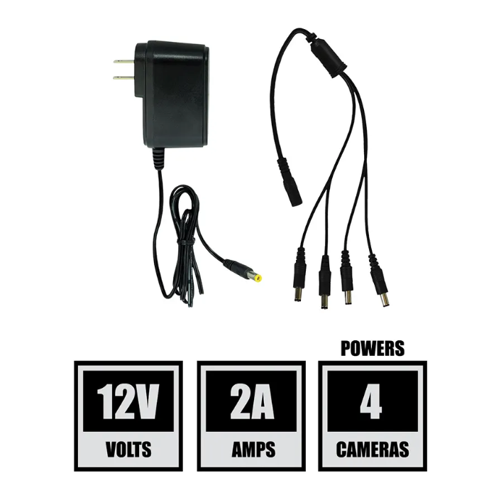 12V-2A Camera Power Adapter with 4-Way Power Splitter - Powers up to 4 Cameras